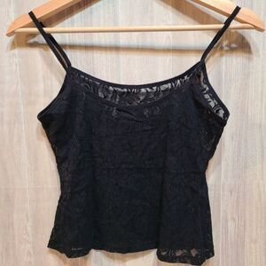 Black Lace Cami Top XS Sheer Floral Spaghetti Strap Lingerie Romantic Gothic Y2K